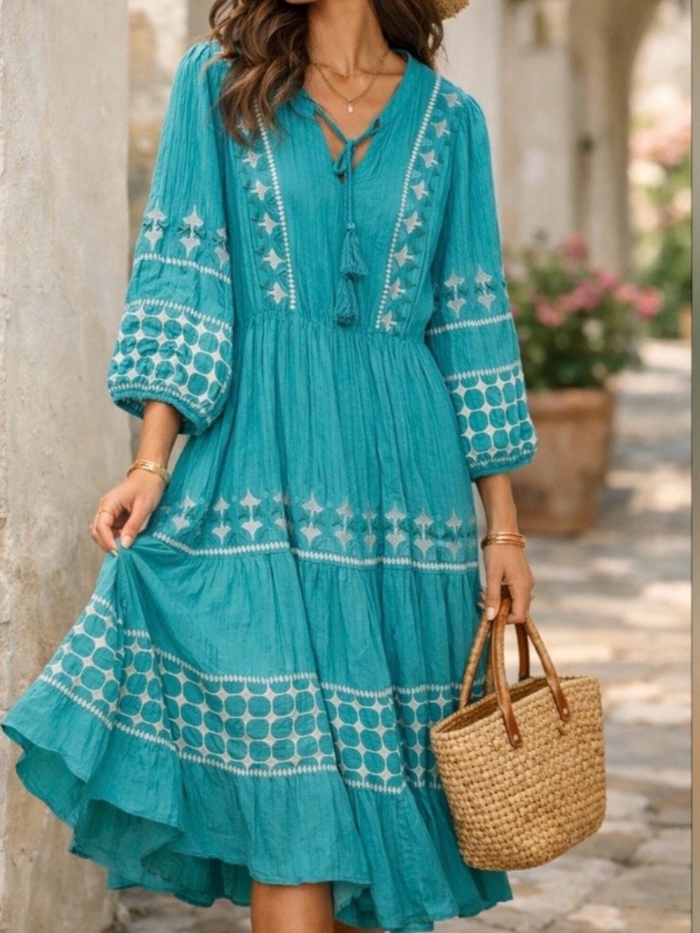 Nurture by Westbound Boho Embroidered Green Midi Dress with Tassel Tie